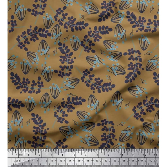 Soimoi Brown Cotton Duck Fabric Artistic Leaves Print Fabric by Yard 42 Inch Wide
