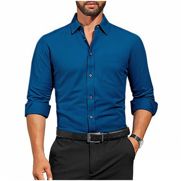 Fengactive Men's Lapel Button Down Shirts Long Sleeve Business Stretch Wrinkle Free Shirt Casual Slim Fit Office Clothes