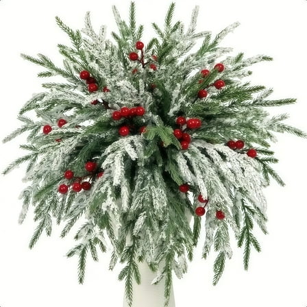 Miguan 35pcs 28Artificial Christmas Snow Norfolk Pine Branches with 7Red Berry Stems Christmas Decor Home Decorative