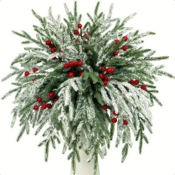 Miguan 35pcs 28Artificial Christmas Snow Norfolk Pine Branches with 7Red Berry Stems Christmas Decor Home Decorative