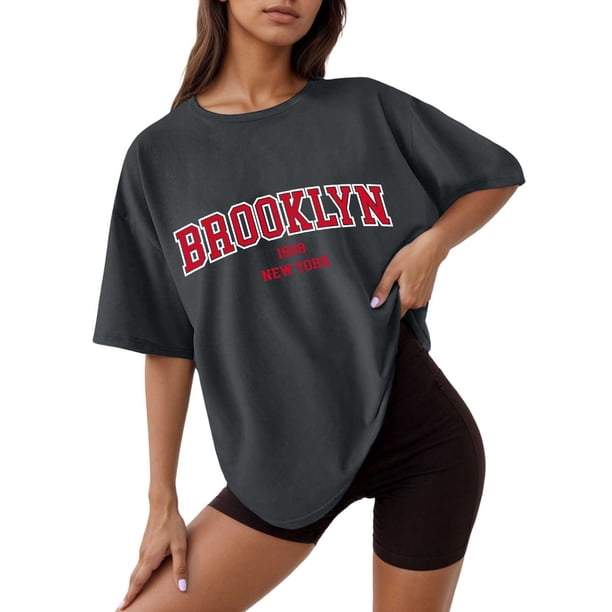 Camiseta holgada de manga corta y cuello redondo con estampado informal para mujer