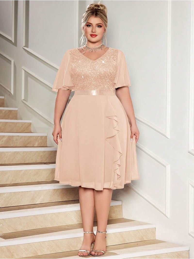 plus size ruffle dress formal Champagne V-Neck Sequin Lace Chiffon Butterfly Sleeve Hem Evening For Occasions MISSING SIZES@LA