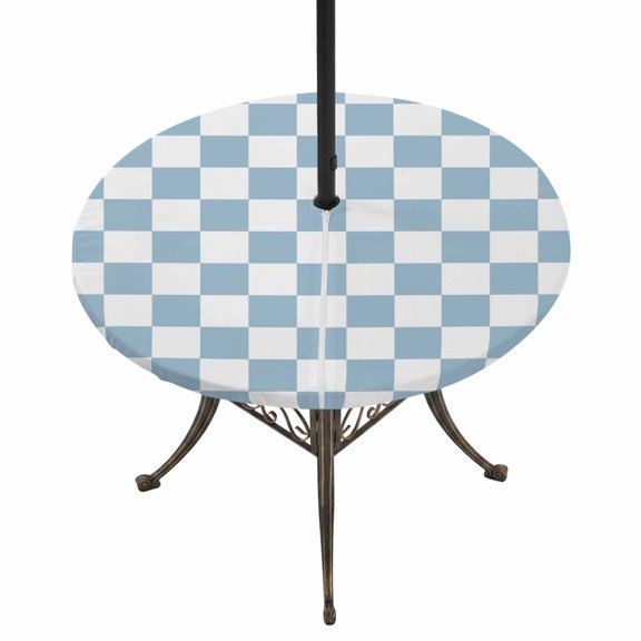 Outdoor Tablecloth with Umbrella Hole and Zipper Blue Checkerboard Round Fitted Table Cover with Elastic Waterproof Classic Squares Plaid Patio Tablecloths for Picnic BBQS Garden Party Fit 55"-60"