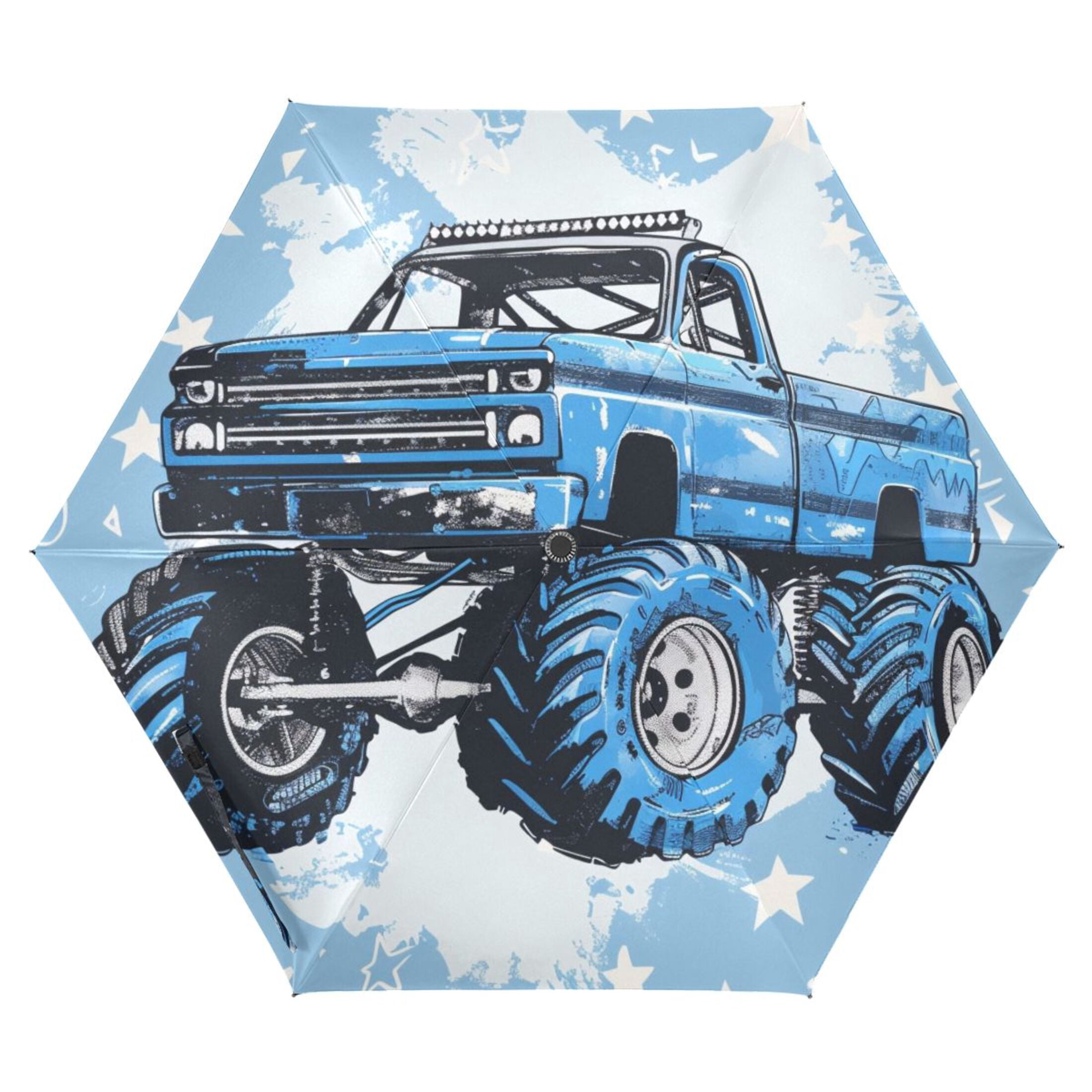 Monster Truck and Star Compact Sun Umbrella Windproof Travel Umbrellas for Rain Strong Portable UV Protection