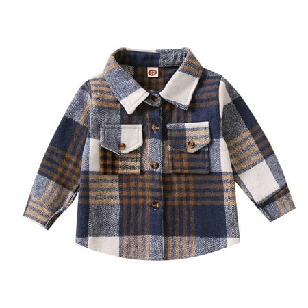 

nsendm Toddler Boys Girls Shirt Coat Jacket Plaid Long Sleeve Kids Turn Down Collar Button Tops Small Heavy Weight Outerwear Blue 6-12 Months