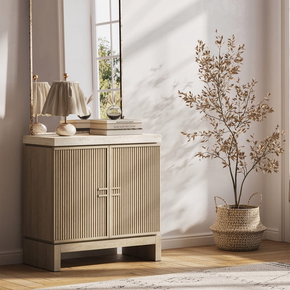 BELLEZE Anton 2 Door Sideboard Buffet Cabinet with Travertine-Look Top, Fluted Reeded Doors, Adjustable Shelf Storage Credenza for Dining Room Living Room Entryway, Travertine Greige