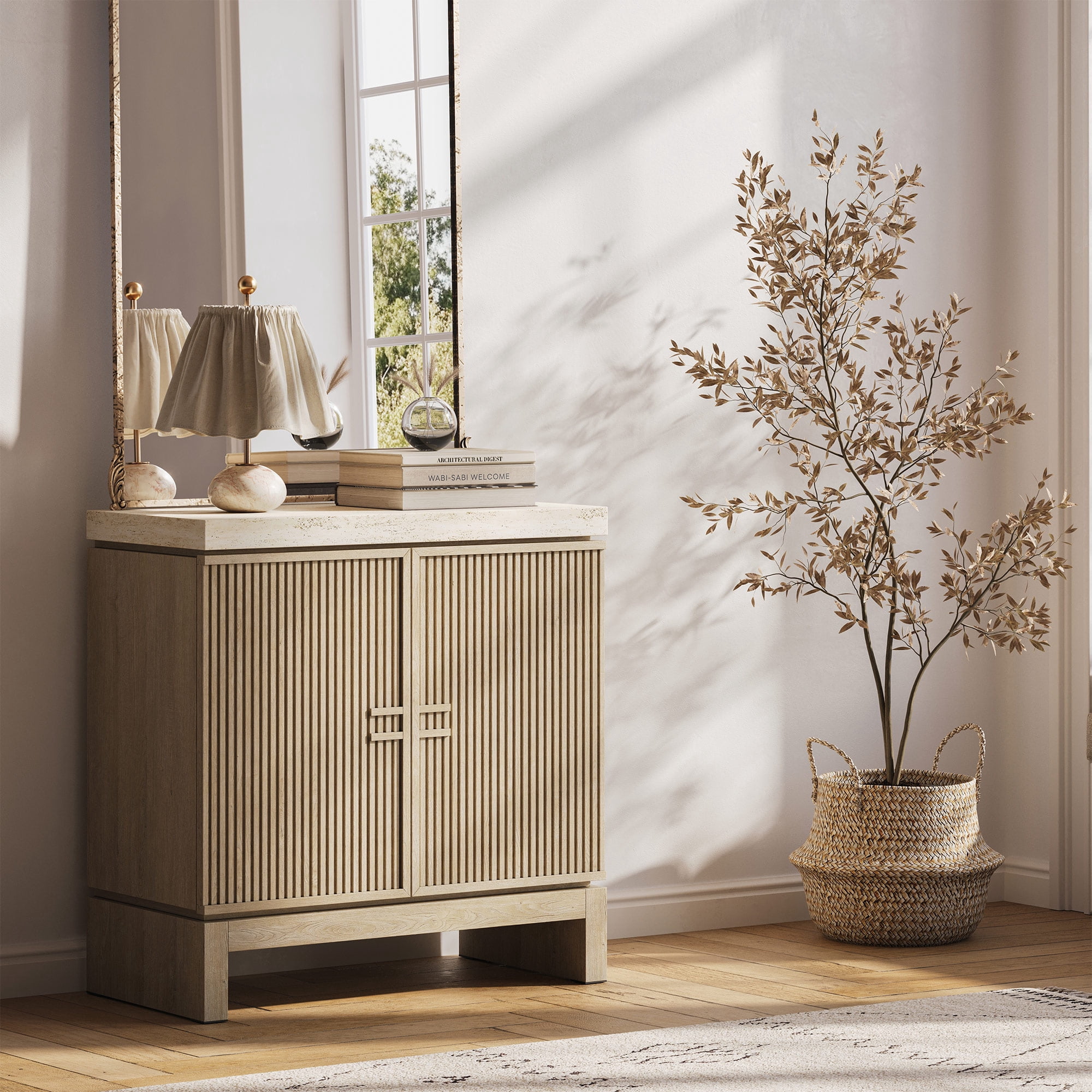 BELLEZE Anton 2 Door Sideboard Buffet Cabinet with Travertine-Look Top Fluted Reeded Doors Adjustable Shelf Storage Credenza for Dining Room Living Room Entryway Travertine Greige