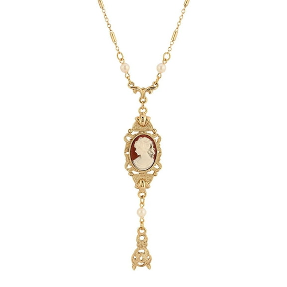 1928 Jewelry Women's Gold Tone Frances Cameo Pendant Faux Pearl & Leaf Drop 24 Inch Necklace