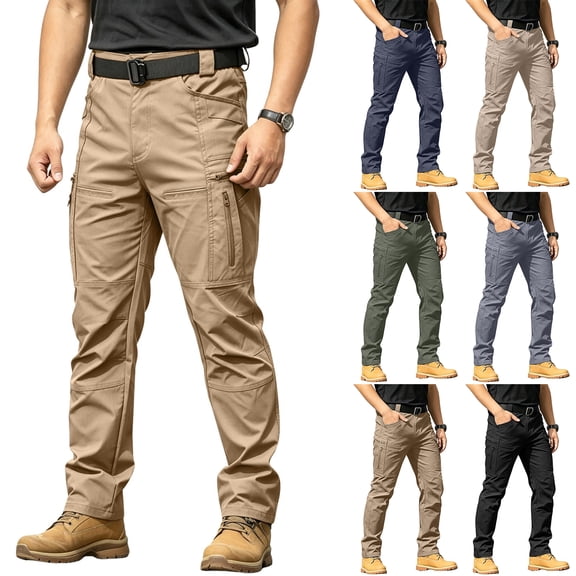 10 Pockets Men's Stretch Tactical Pants, Ripstop Cargo Pants Outdoor Lightweight Hiking Work Pants NO Belt Fall
