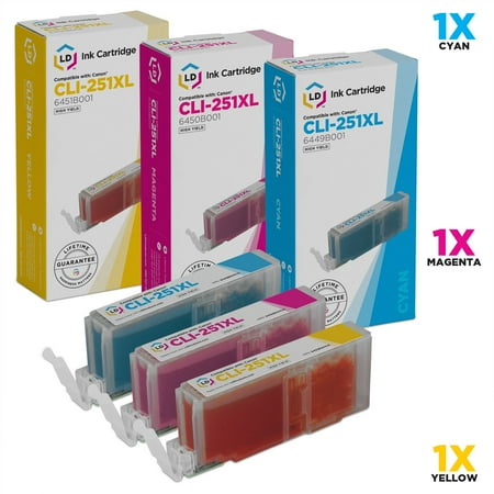 LD © Compatible Canon Set of 3 CLI-251XL High Yield Inkjet Cartridges: 1 Cyan 6449B001, 1 Magenta 6450B001 and 1 Yellow 6451B001 for Canon PIXMA IP7220, MG5420, MX722, MG6320 & MX922