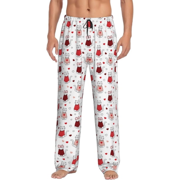 Fotbe cute cat hearts Pantalones de Pijama para Hombre, Pantalones de Dormir, Pantalones de Casa con Cintura Ajustable y Bolsillos-Medium