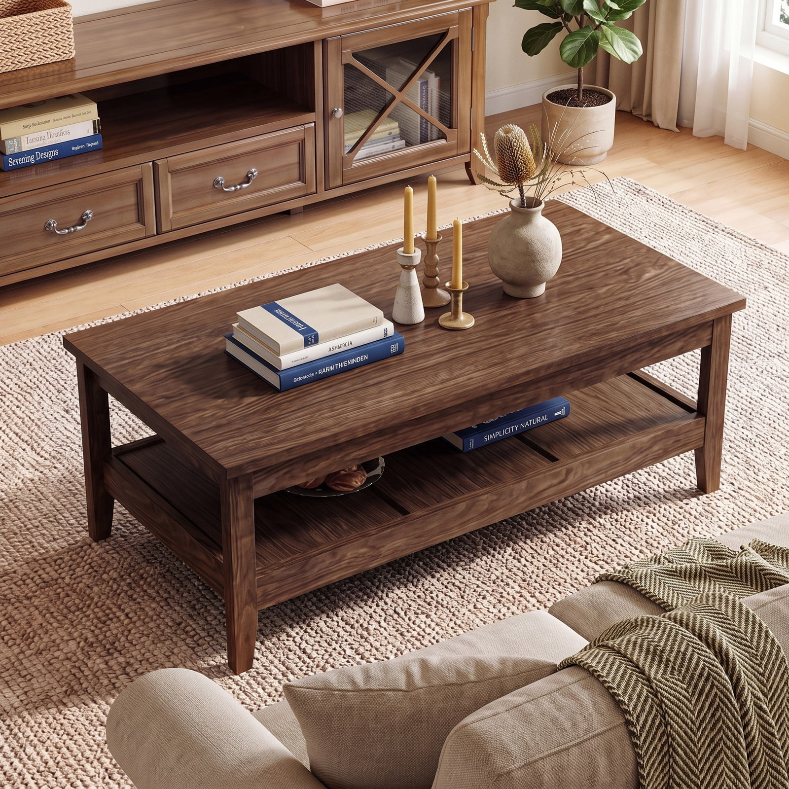 Furnibear Farmhouse Coffee Table, 2-Tier Rustic Cocktail Center Table with Thickened Tabletop and Open Storage Shelf for Living Room, Engineered Wood Rectangle, Walnut
