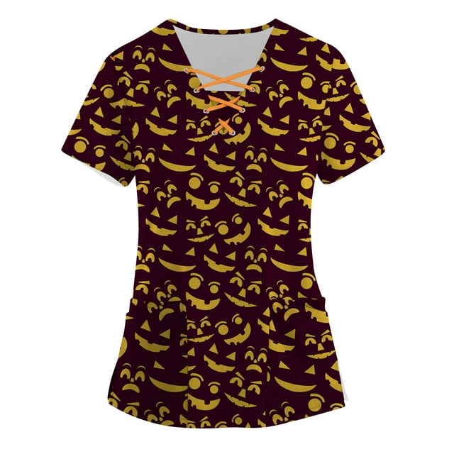 TIMIFIS Sarraus pour Femmes Hauts d'Halloween Squelette Citrouille Hauts Blouse Imprimé Fantôme Uniformes et Sarraus pour Femmes Infirmière Tenue de Travail Extensible T-Shirts Décontractés de Fête Blouse Hauts de Sarraus avec Poches-Noir