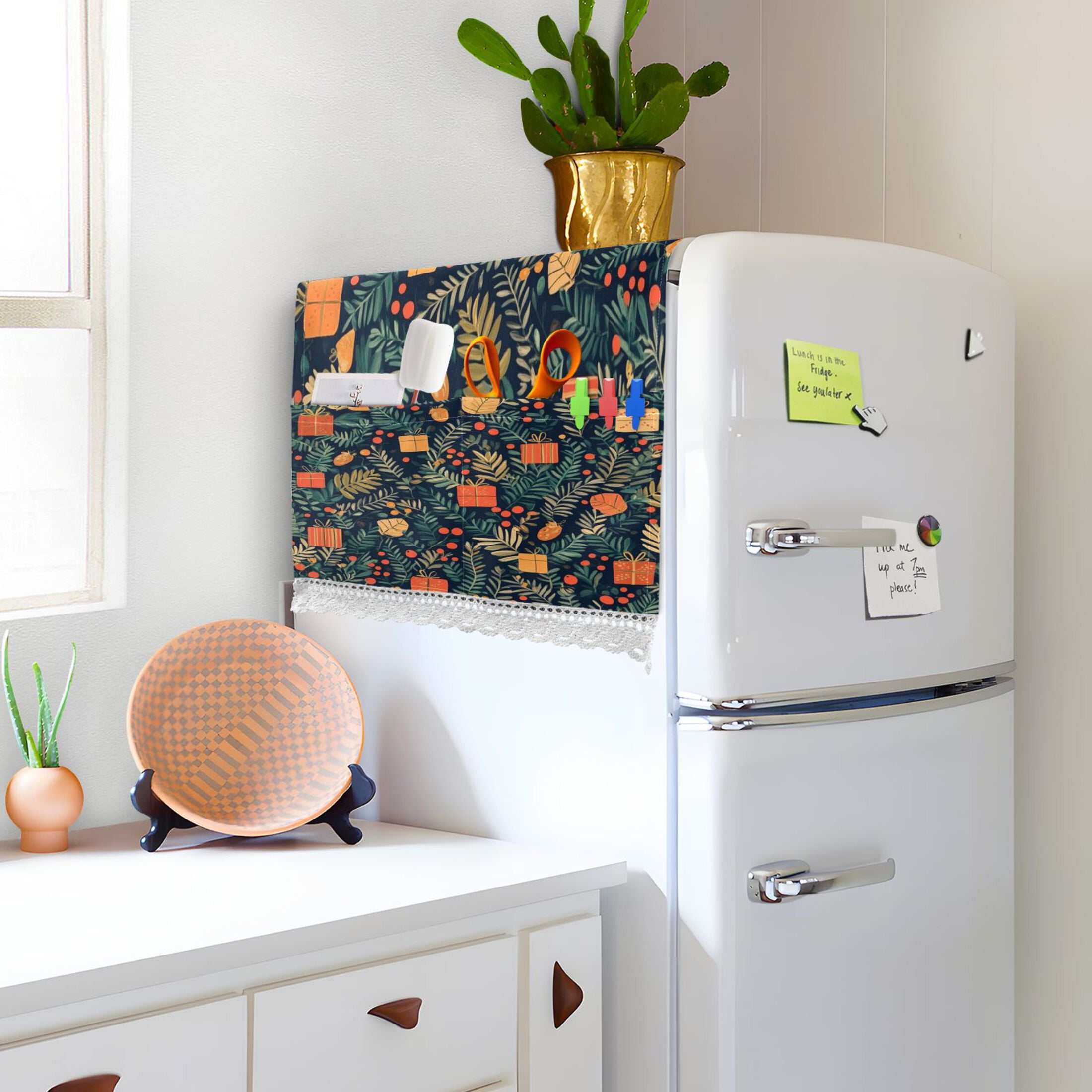 Christmas Present PatternWasher and Dryer Covers Dust-Proof and Oil Resistant Fridge Cover with 4 Storage Pockets Washing Machine Top Cover for Laundry Kitchen Home 51.2 x 22 In