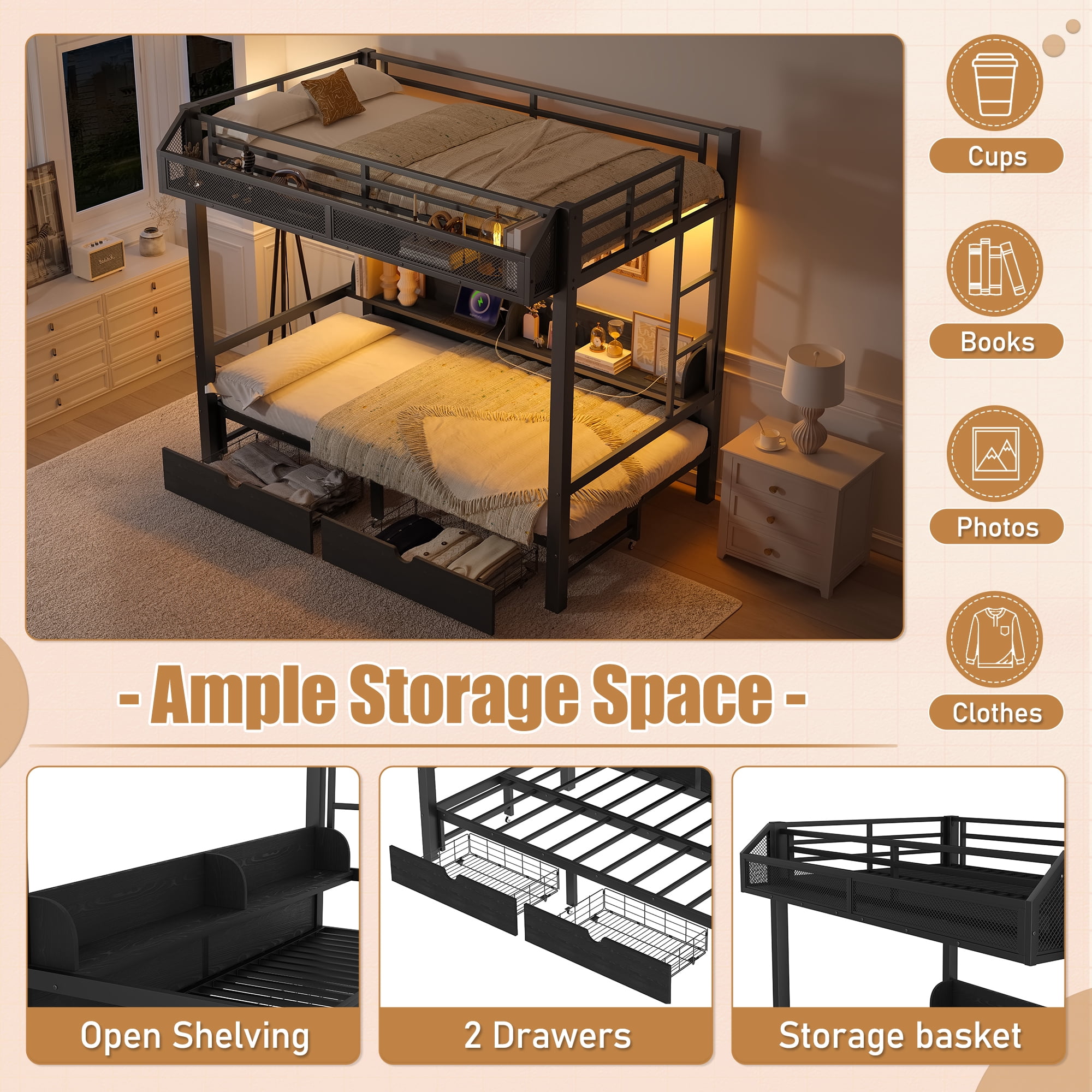 Twin XL over Twin XL Metal Bunk Bed with Storage Shelves and 2 Drawers, Multifunctional Bunk Bed Frame with USB Ports and LED Lights, Lower Bed that can be converted into a sofa