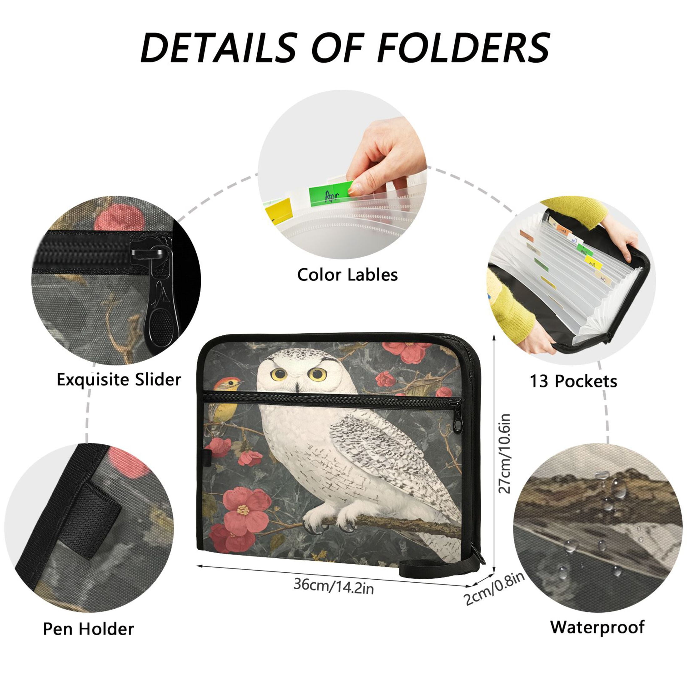 WOBOGO Snowy Owl Expanding File Folder Letter Size Accordion Filing Organizer 13 Pocket Separate Organ Pocket