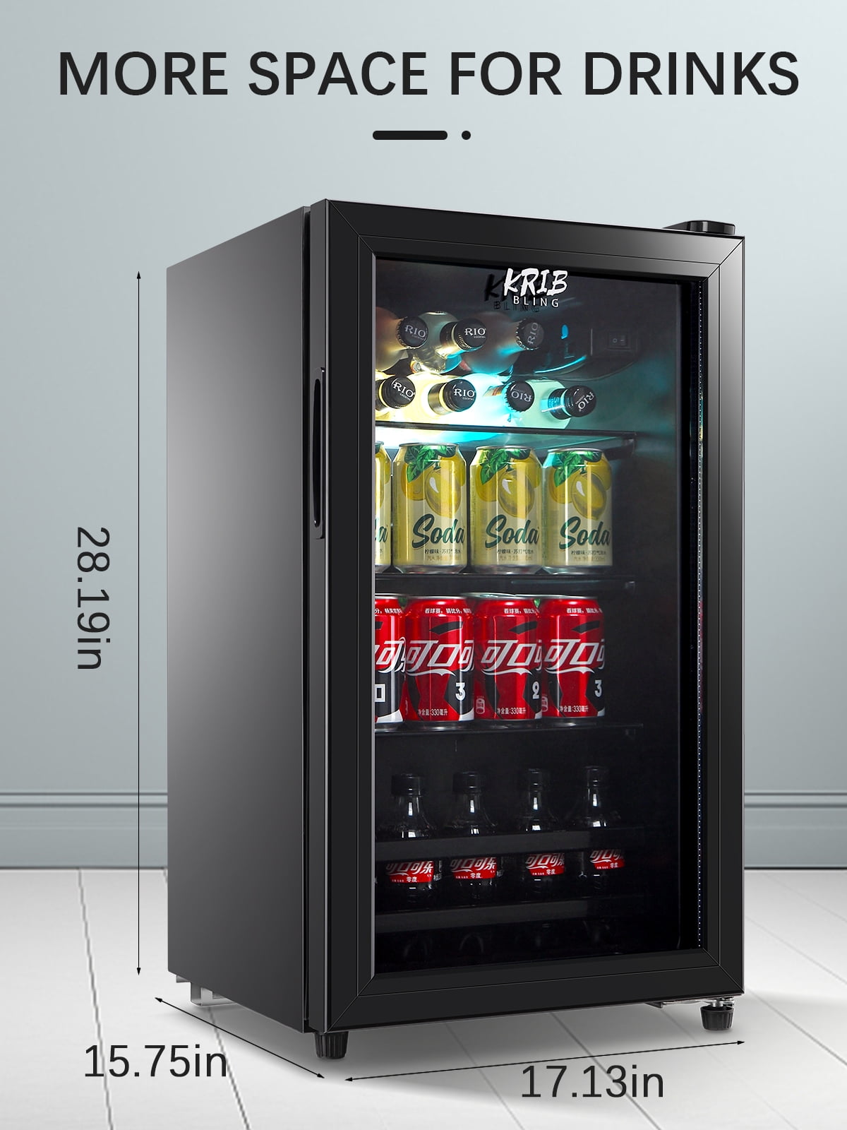 Krib B Mini Refrigerator with Wire Adjustable Shelving, Beverage Refrigerator and Cooler for 120 Cans, Mini fridge for Soda, Water, Beer, Wine for Dorm, Office, Bar, Black