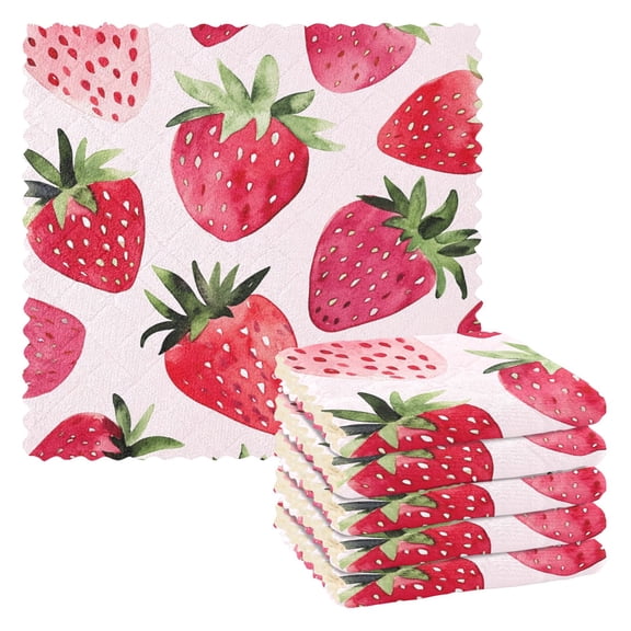 Watercolor Pink Strawberry Kitchen Cloth Dish Towels for Drying Washing Absorbent Dish Rags 6 Pack