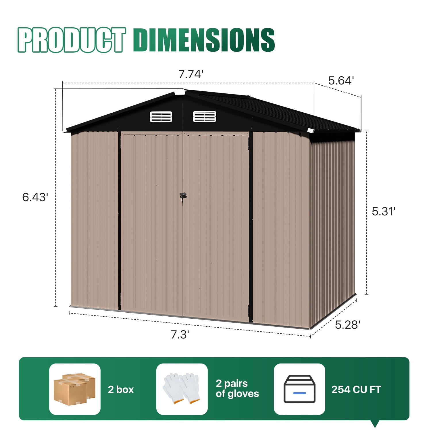 Clouddwell 8 x 6 ft Storage Shed with Floor (15mm) & Double Doors - Galvanized Steel, Brown