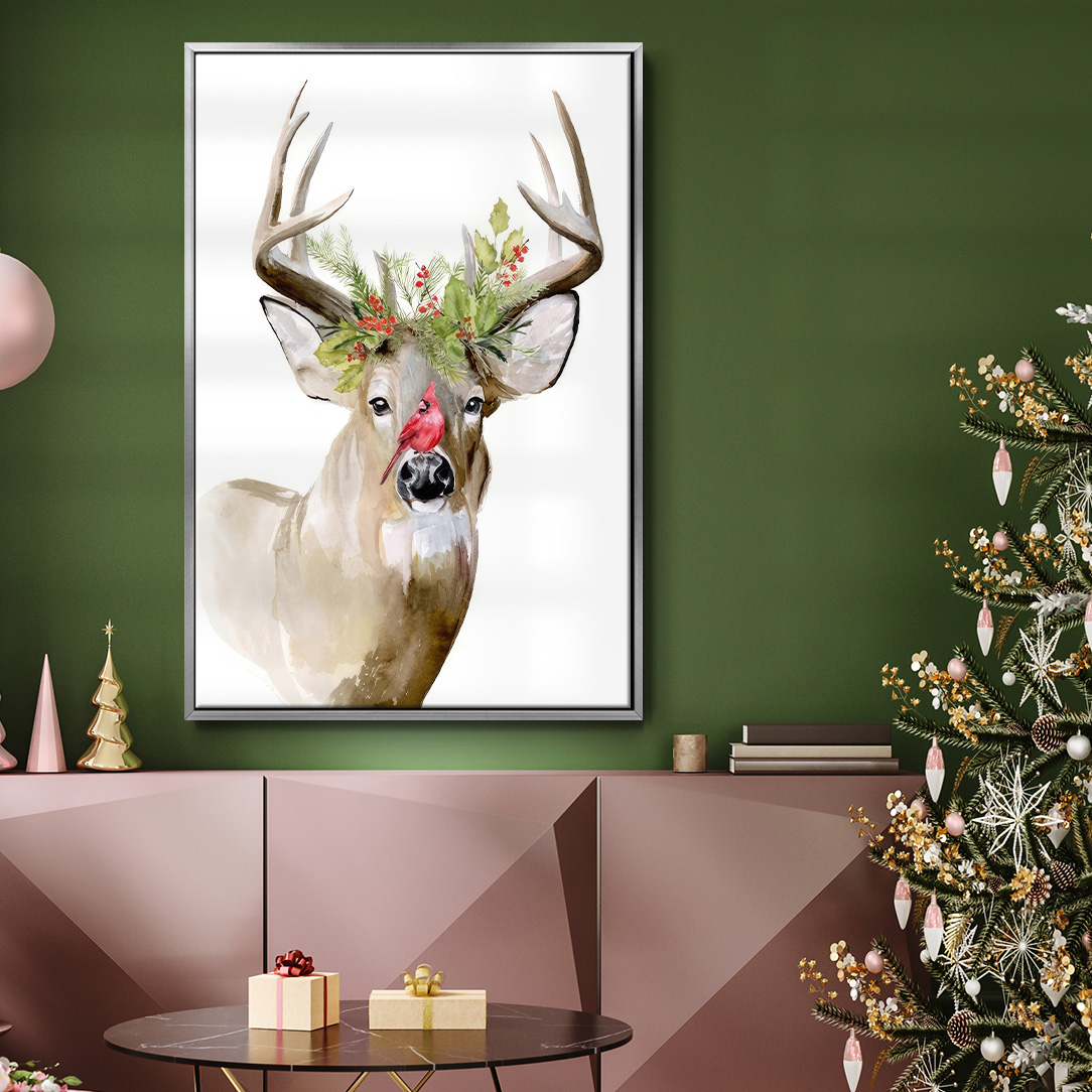 Holiday Deer II - Framed Gallery Wrapped Holiday Canvas - 17 x 25 - Silver Frame
