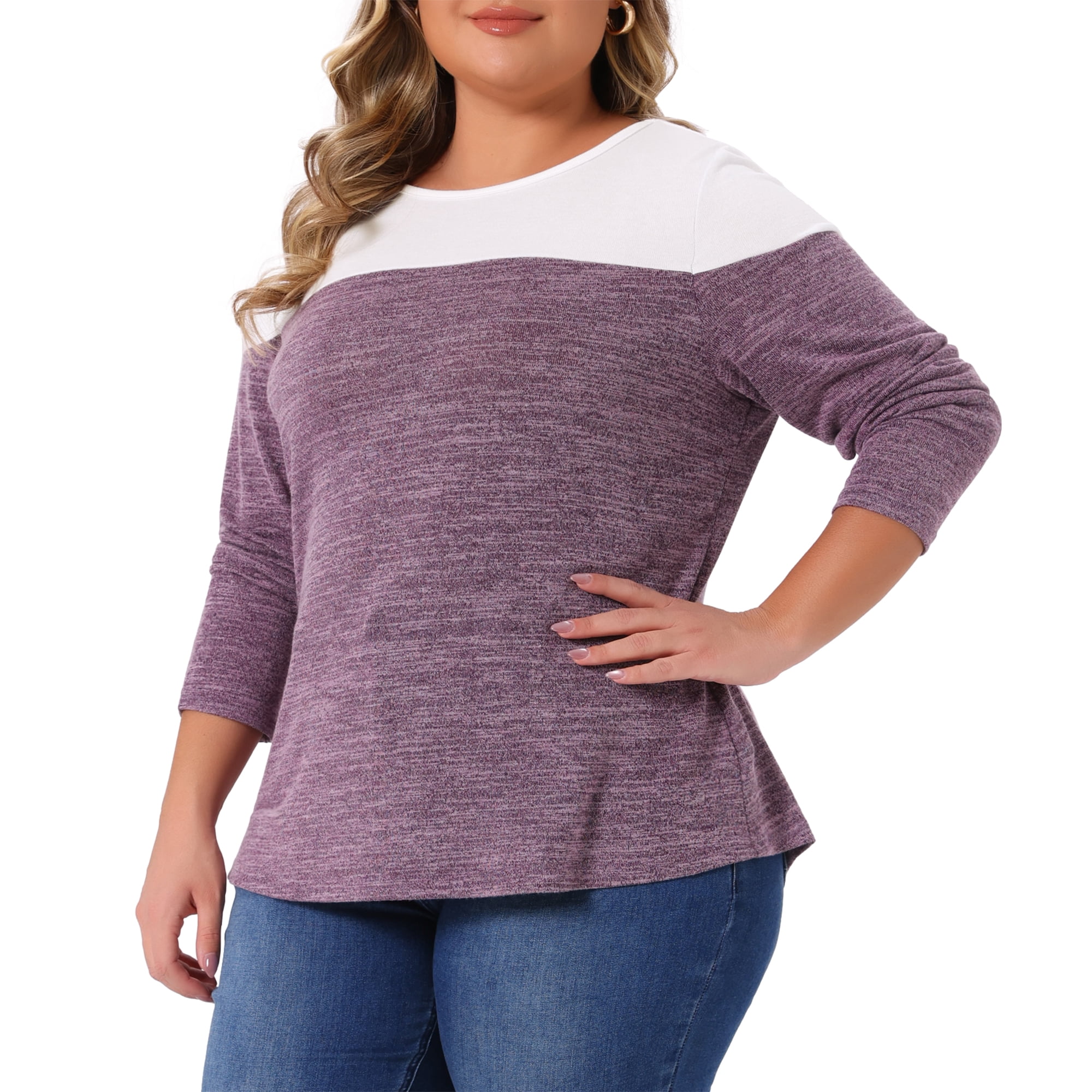 DARING DIVA Women's Plus Size Color Block Long Sleeve Crew Neck Knitted Blouse 1X Purple