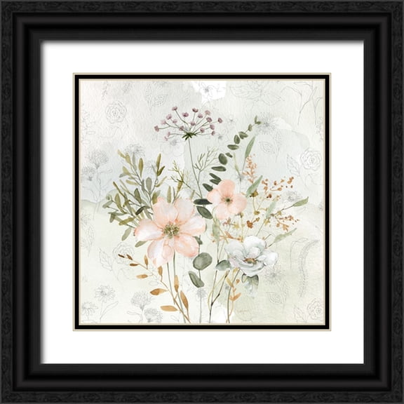 Finn, Livi 12x12 Black Ornate Wood Framed with Double Matting Museum Art Print Titled - Botanical Sketchbook Floral I