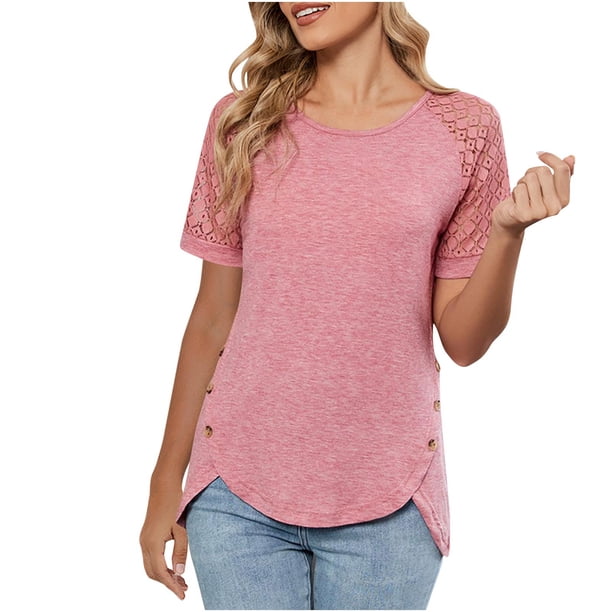 Blusas de Trabajo de las Mujeres Color Sólido Encaje Patchwork Botón Blusa Casual 95% Poliéster 5% Spandex, Top de Doblado Irregular para el Uso Diario