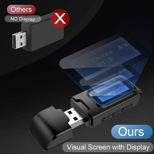 Visualisation Bluetooth Émetteur et Récepteur, USB Bluetooth 5.0 Émetteur  avec Affichage, 2 en 1 Adaptateur Bluetooth Sans Fil pour PC, TV, Casques,  Stéréo à la Maison, Voiture 