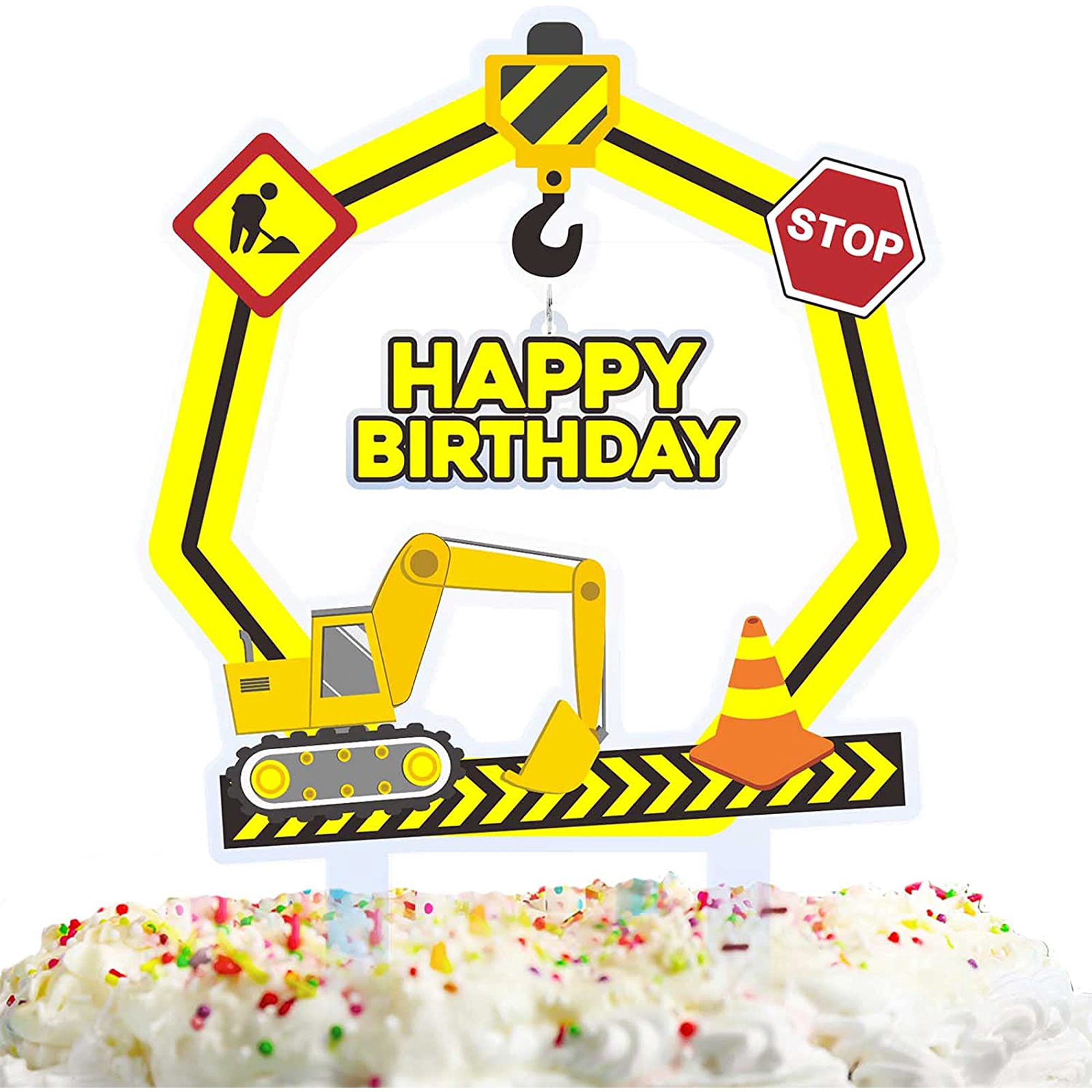 Construction Excavator Cake Topper - Happy Birthday Decoration For Kids Boys Party - Glitter Paper & Bamboo Stick