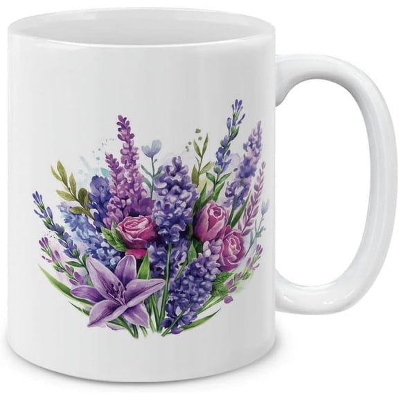 Purple Flowers Ceramic Coffee Mug Tea Cup, 11 OZ