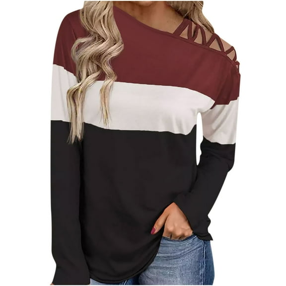 Women Long Sleeve Striped Pullover Tops Cold Shoulder Cross Strap Color Block T Shirts Sweater Blouse Tunics