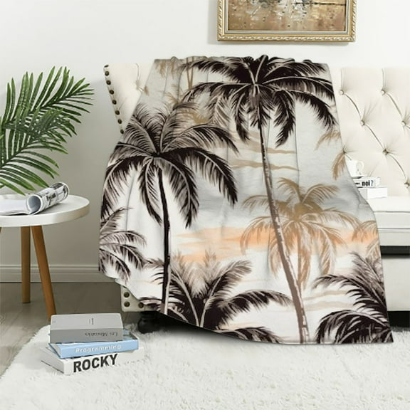 Creowell Hawaii Theme Print Blanket,Coconut Tree Tropical Plant Throw Blanket for Sofa Adults,Coastal Summer Palm Leaves Fuzzy Soft Blanket Bed Couch,Queen 40x50in
