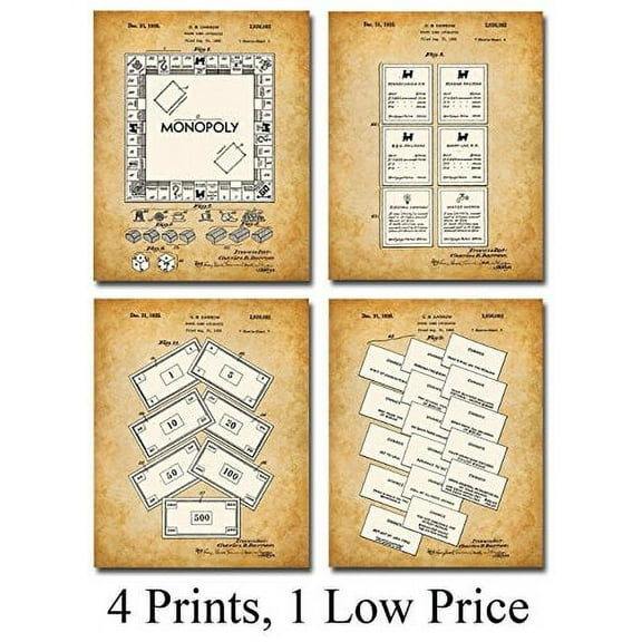 Original Monopoly Set Patent Prints - Set of Four Photos (8x10) Unframed - Great Lounge Decor
