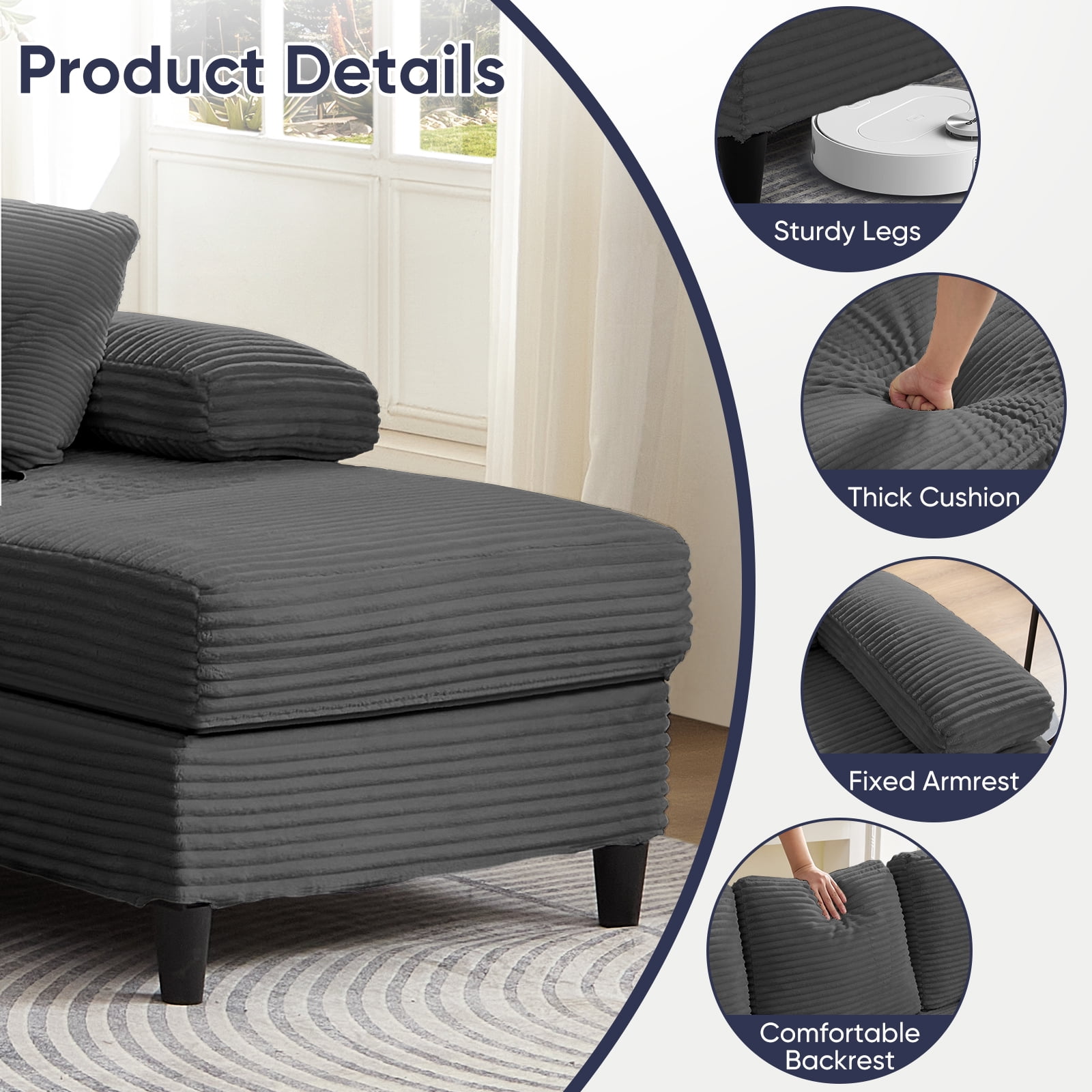 Mjkone U-Shaped Sectional Sofa, 4 Seats Corduroy Couch with Double Comfy Chaise for Living Room - Dark Gray