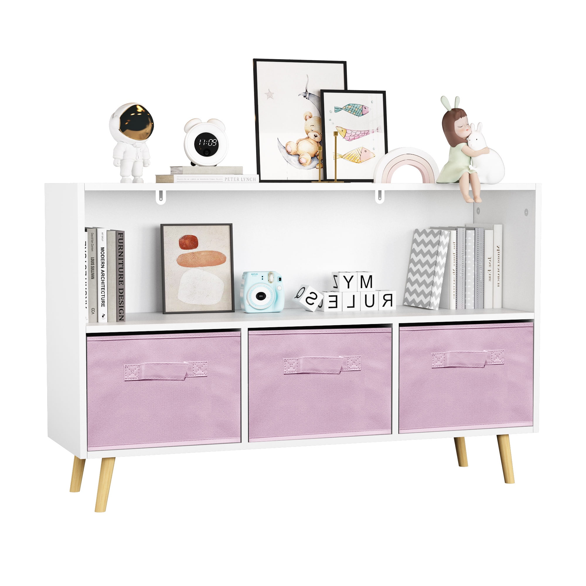 PORKISS Bookshelf for Kids, Wood Kids Bookcase with Collapsible Fabric Drawers, Freestanding Toy Organizer, Modern Toy Storage for Children's Room, Living Room, White/Pink