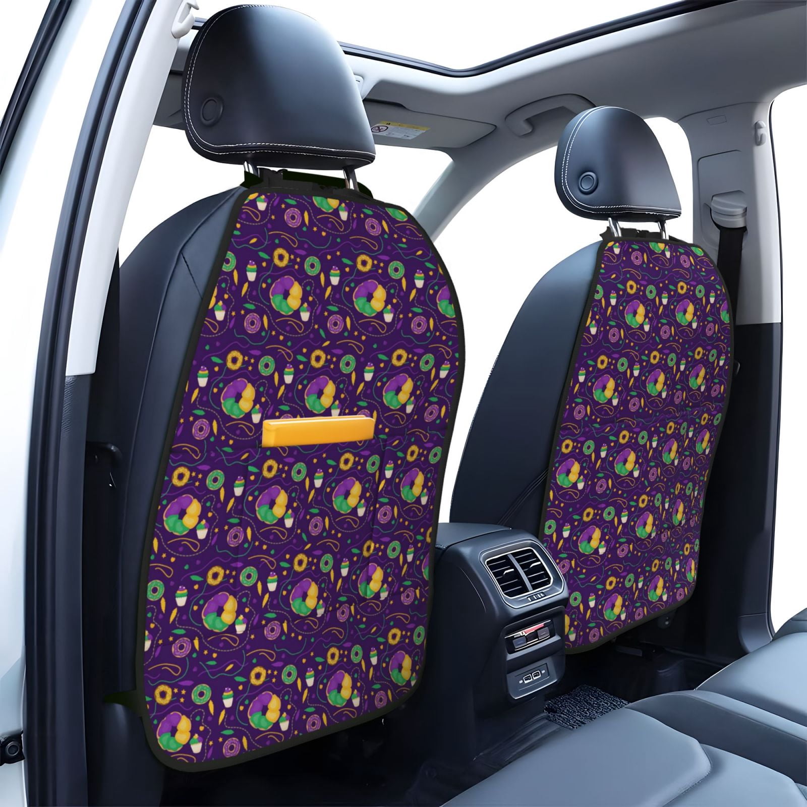 Xecao Mardi Gras and Donuts Pattern Car Seat Back Protector 2 Pack Large Capacity Pocket, Kick Mats Back Seat Protector