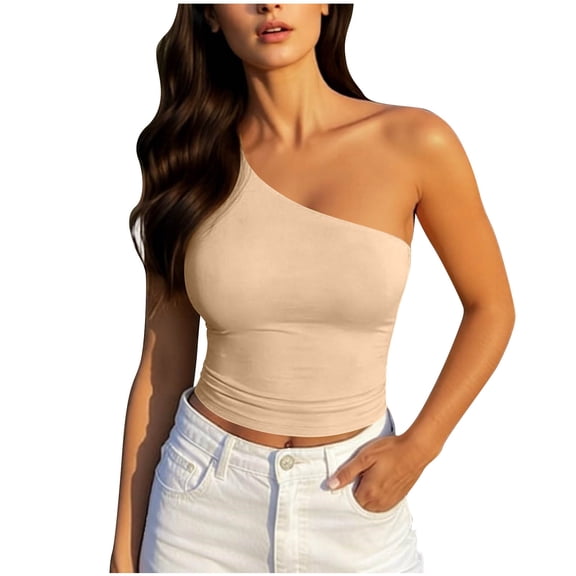Bosfbaoi Summer Tops for Women One Shoulder Form-Fitting Crop Top Sleeveless Asymmetric Solid Tank Top