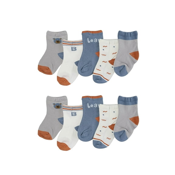 Pack of 10 Newborn Baby Toddler Blue Theme Bear Socks - 0-12 Months