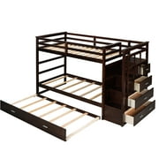 Harper & Bright Designs Twin Over Twin Bunk Bed with Trundle and Stairs, Wood Kids Bunk Beds with Storage Drawers and Guardrail for Teens Adults, Espresso