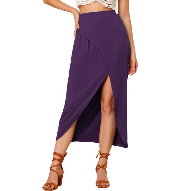 Unique Bargains Jupe Longue Décontractée pour Femmes Taille Élastique Fendue Asymétrique