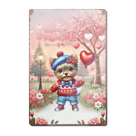 Happy Valentine’s Day Adorable Yorkshire Terrier Puppy Holding Heart Balloon Vertical Metal Aluminum Sign Yorkie Dog Lover Gifts Wall Art Home Decor - 00030