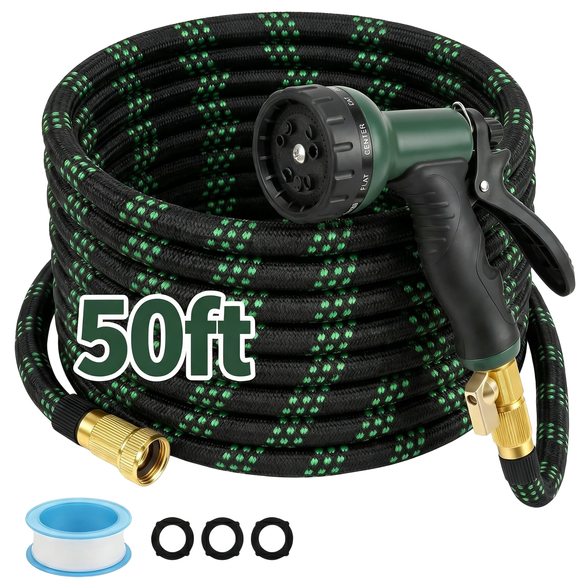 Kovryx 50ft Garden Hose Flexible Non-Expandable, Anti-Kink, Lightweight, 10-Pattern Spray Nozzle, 3/4" Aluminum Fittings