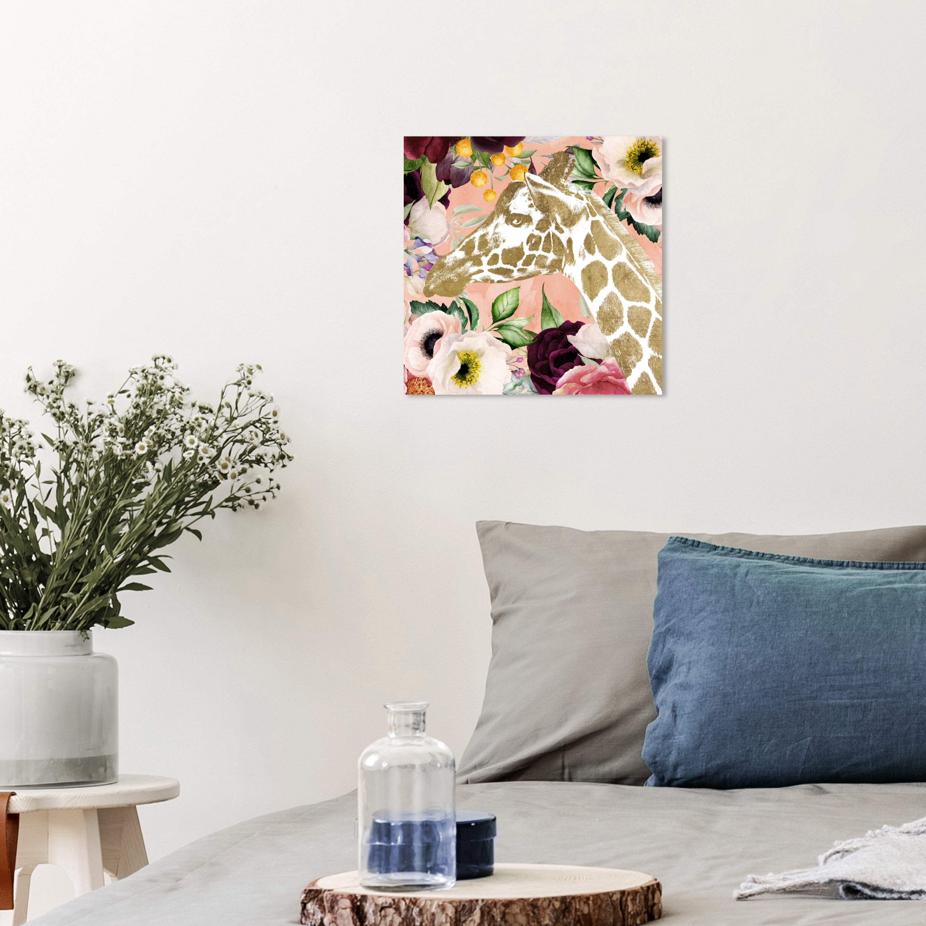 Giraffe Glam Floral and Botanical Wall Art Print Pink 12x12
