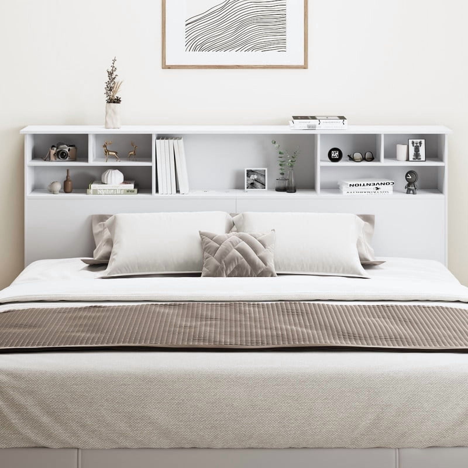 Someet Headboard for King Size with Storage, Bookcase Headboards with USB & Type-C Port & Power Outlets & 2 LED Lights, Durable and Sturdy, White