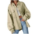 thumbnail image 2 of Fnooota Button Down Shirts for Women, Solid Color Long Sleeve Denim Tops with Pockets Khaki Size XL, 2 of 5