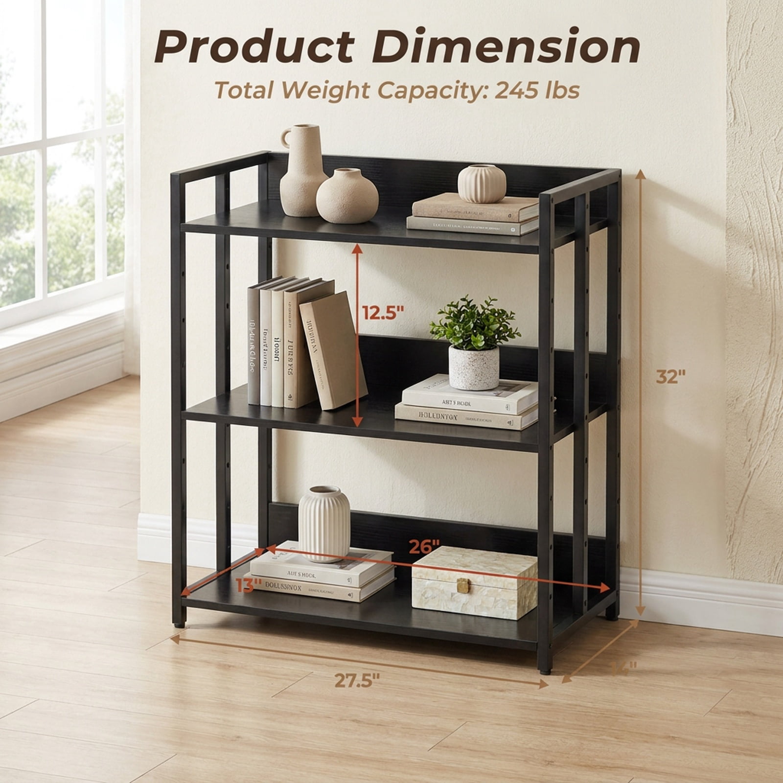 Furnibear 3-Tier Corner Bookshelf with Adjustable Shelves and Anti-Toppling Device for Study for Living Room Home Office Bedroom Display, Black