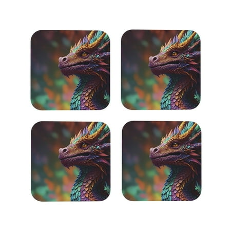 

Coasters Set of 4 - Rainbow Scales Fantasy Dragon Drink Coasters for Tabletop Protection Leather Coasters for Living Room Decor and Housewarming Gift Square