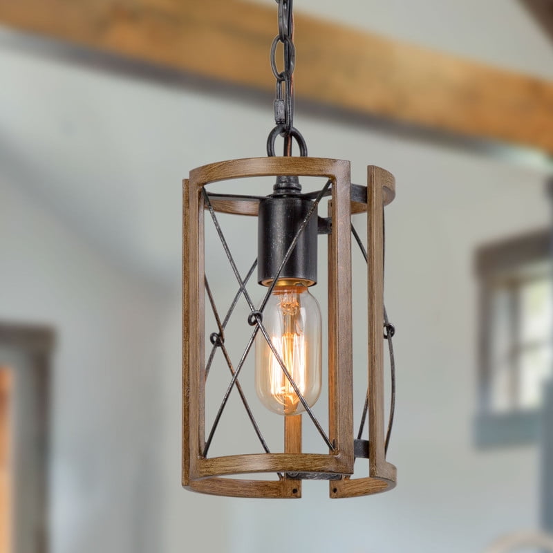 LNC Brushed Black Wood Brown Cage Modern Farmhouse Cylinder LED Mini Kitchen Island Light