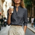 thumbnail image 5 of VBVC Women's Linen Stand Collar V Neck Blouse, Ladies' Long Sleeve Work Shirt, Elegant Office Top For Women, Dark Gray , S-2XL, 5 of 8