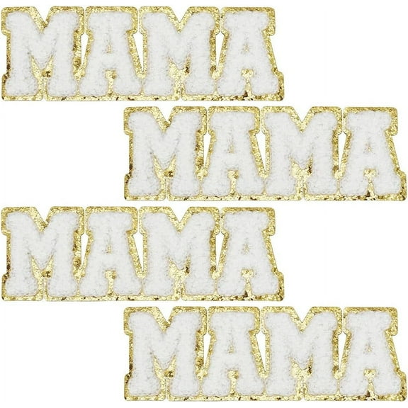 1 Set 4 Pcs White Letter Chenille Patches 1.77x4.9inch Mama Letter Iron on Patch Word Mama Sew on Appliques Patch Towel Cloth Computerized Embroidery Appliques for Clothes Dress Hat Jeans DIY